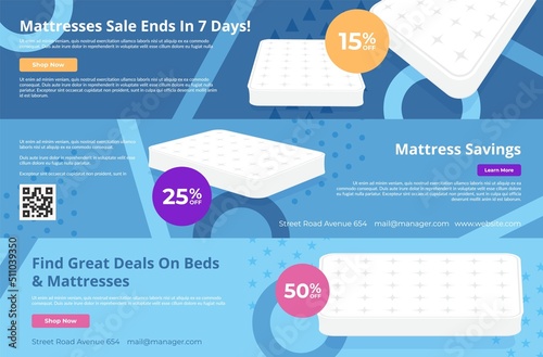 Orthopedic mattress savings landing page horizontal internet promo banner set vector
