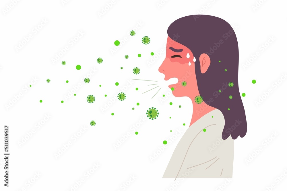 Sick female sneezing or coughing then spread virus in the air. Covie-19, Cold and Flu, virus or respiratory disease pandemic. Flat vector illustration health cartoon. - obrazy, fototapety, plakaty 
