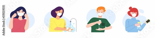 Set of people prevent covid-19 by wearing face mask, washing hands, using hand sanitizer and disinfect touched devices. Concept of virus prevention, protection, health care. Flat vector illustration.