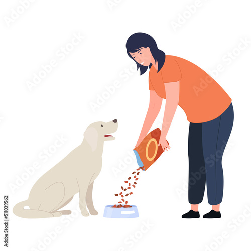 Woman feeding her dog vector flat illustration female owner sprinkling dry food doggy eating in bowl