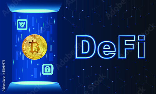 DeFi, Decentralized Finance banner for decentralized financial system, fintech concept futuristic design.