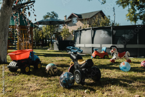 Colorful kids outdoor playground equipment. A yard with children's toys. Children playground equipment. Colorful playground empty. Outdoor playground set. Play area. Play yard. 