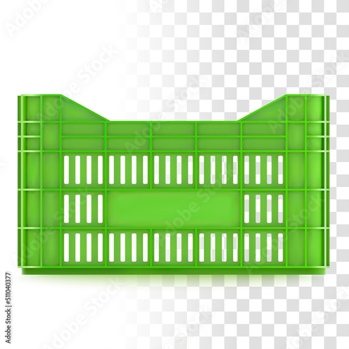 3d Green Plastic Vegetable Crate. Vector Photo Realistic Mockup Isolated On Transparent Background. Front View
