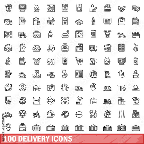 100 delivery icons set. Outline illustration of 100 delivery icons vector set isolated on white background