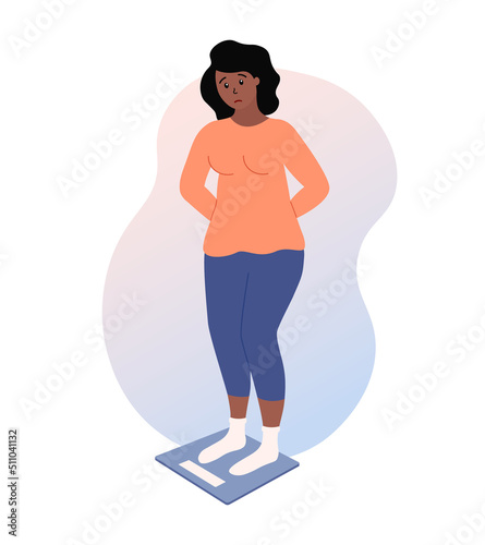 Excess weight. Unhappy woman standing on scales and measuring. Need to lose weight. African american lady dissatisfied with weight gain. Flat vector illustration