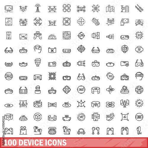 100 device icons set. Outline illustration of 100 device icons vector set isolated on white background