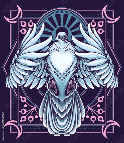 White dove poster. Vector illustration of white flying pigeon in engraving technique on decorative geometry background. 