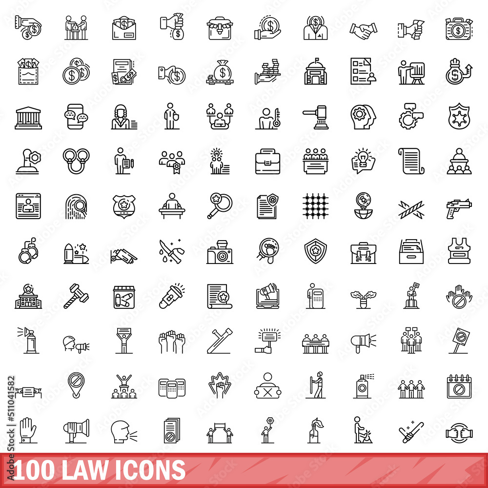 100 law icons set. Outline illustration of 100 law icons vector set isolated on white background 100 law icons set. Outline illustration of 100 law icons vector set isolated on white background
