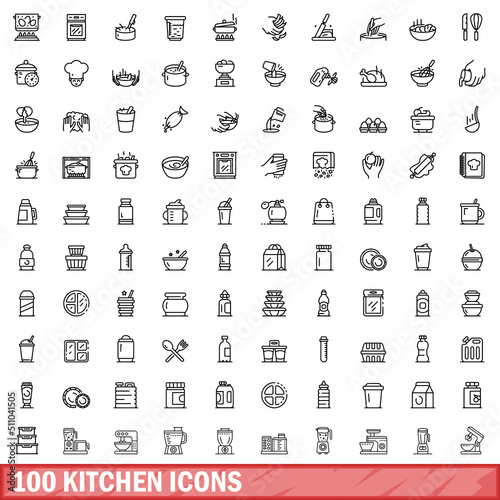 100 kitchen icons set. Outline illustration of 100 kitchen icons vector set isolated on white background