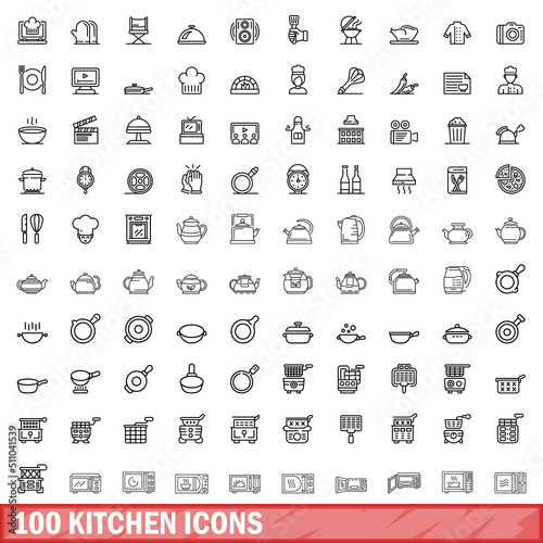 100 kitchen icons set. Outline illustration of 100 kitchen icons vector set isolated on white background