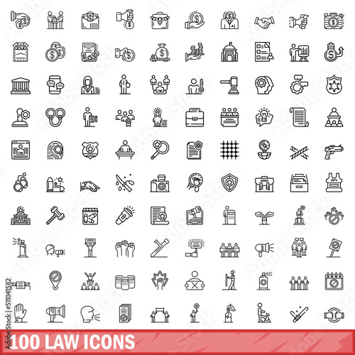 100 law icons set. Outline illustration of 100 law icons vector set isolated on white background