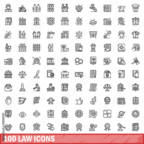 100 law icons set. Outline illustration of 100 law icons vector set isolated on white background