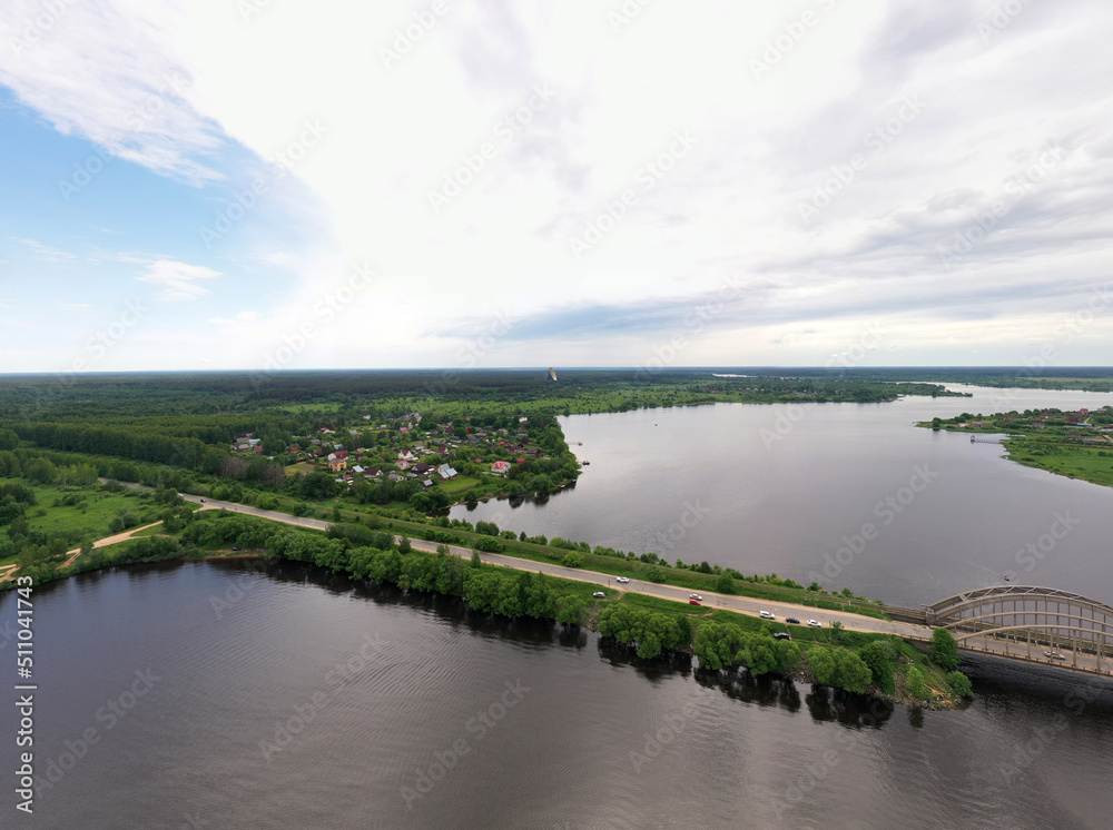 panoramic views from a drone of the surroundings of Kalyazin with a bell tower and a reservoir