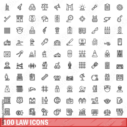 100 law icons set. Outline illustration of 100 law icons vector set isolated on white background