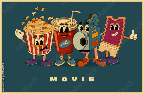 The heroes of the film are depicted in a retro style. Ticket and camera, popcorn and cola in the 90s style. In warm colors. Go for posters, banners and stickers.