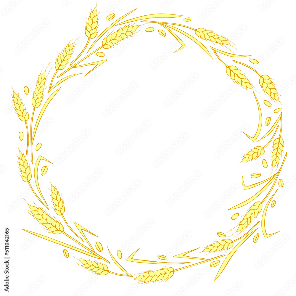 Round frame made of golden wheat or rye ears. Vector autumn wreath, border hand drawn in Doodle flat style, isolated on white background Round frame made of golden wheat or rye ears. Vector autumn wreath, border hand drawn in Doodle flat style, isolated on white background