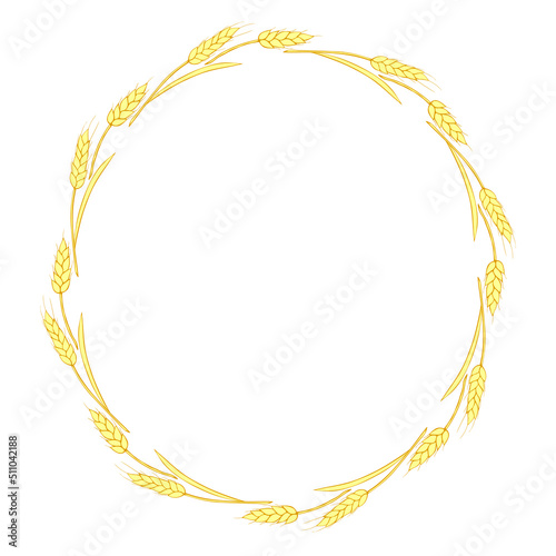 Round frame made of golden wheat or rye ears. Vector autumn wreath, border hand drawn in Doodle flat style, isolated on white background