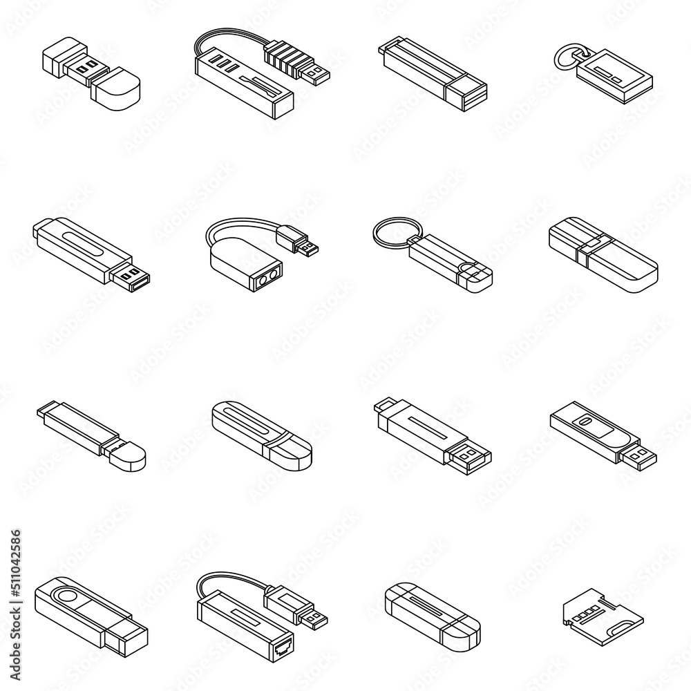 Flash drive icon set. Isometric set of flash drive vector icons outline isolated on white background Flash drive icon set. Isometric set of flash drive vector icons outline isolated on white background