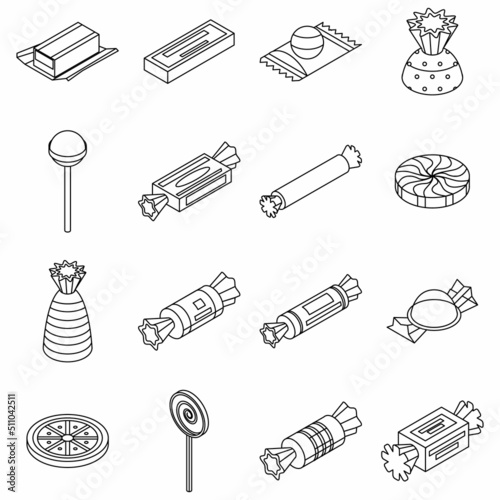 Sugar candy icon set. Isometric set of sugar candy vector icons outline isolated on white background