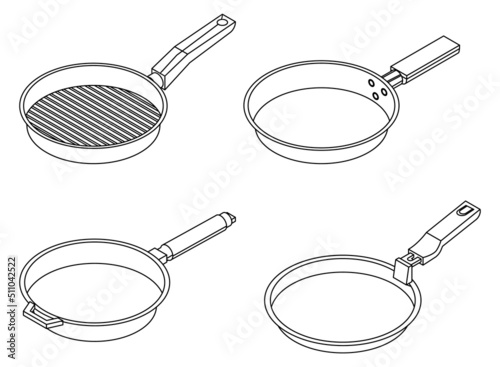 Griddle pan icon set. Isometric set of griddle pan vector icons outline isolated on white background