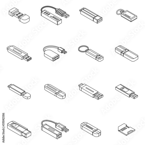 Flash drive icon set. Isometric set of flash drive vector icons outline isolated on white background
