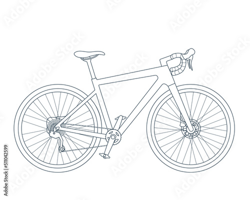 Gravel, road, touring bike in realistic outline style view side. Vector illustration isolated on white background