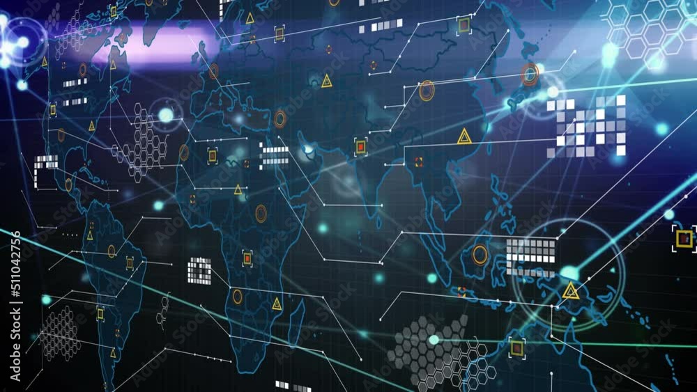 Animation of data processing and markers over world map Animation of data processing and markers over world map