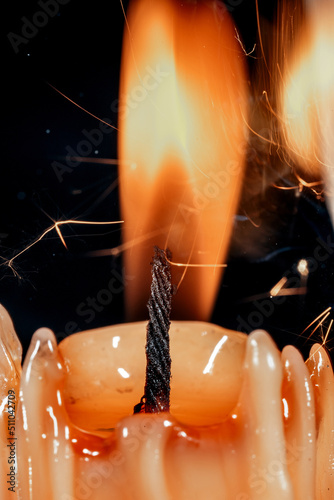 Burning candle. Yellow candle on a dark background close-up.