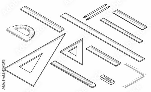 Ruler icon set. Isometric set of ruler vector icons outline isolated on white background