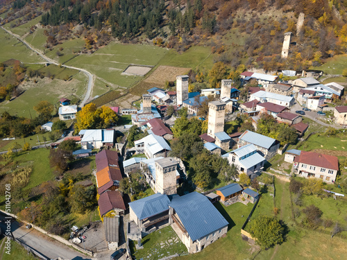 Aerial view or from a drone in autumn of the village of Mestia with typical tower houses, Svan towers. Upper Svaneti, Georgia