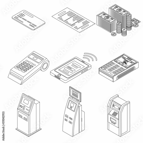Bank terminal icon set. Isometric set of bank terminal vector icons outline isolated on white background