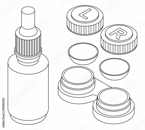 Contact lens icons set. Isometric set of contact lens vector icons outline isolated on white background