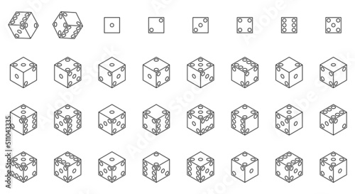 Dice icons set. Isometric set of dice vector icons outline isolated on white background