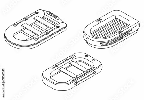 Inflatable boat icons set. Isometric set of inflatable boat vector icons outline isolated on white background