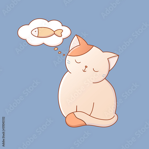 Cute cat dreaming about fish, adorable vector cat illustration