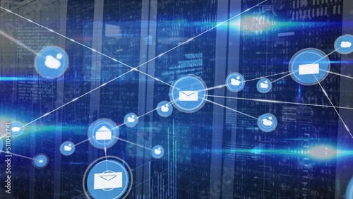 Animation of network of connection with email icons over computer servers