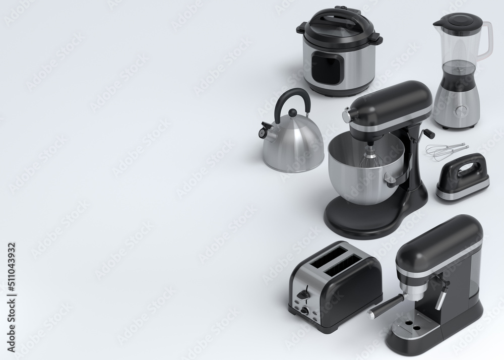Electric kitchen appliances and utensils for making breakfast on white Electric kitchen appliances and utensils for making breakfast on white