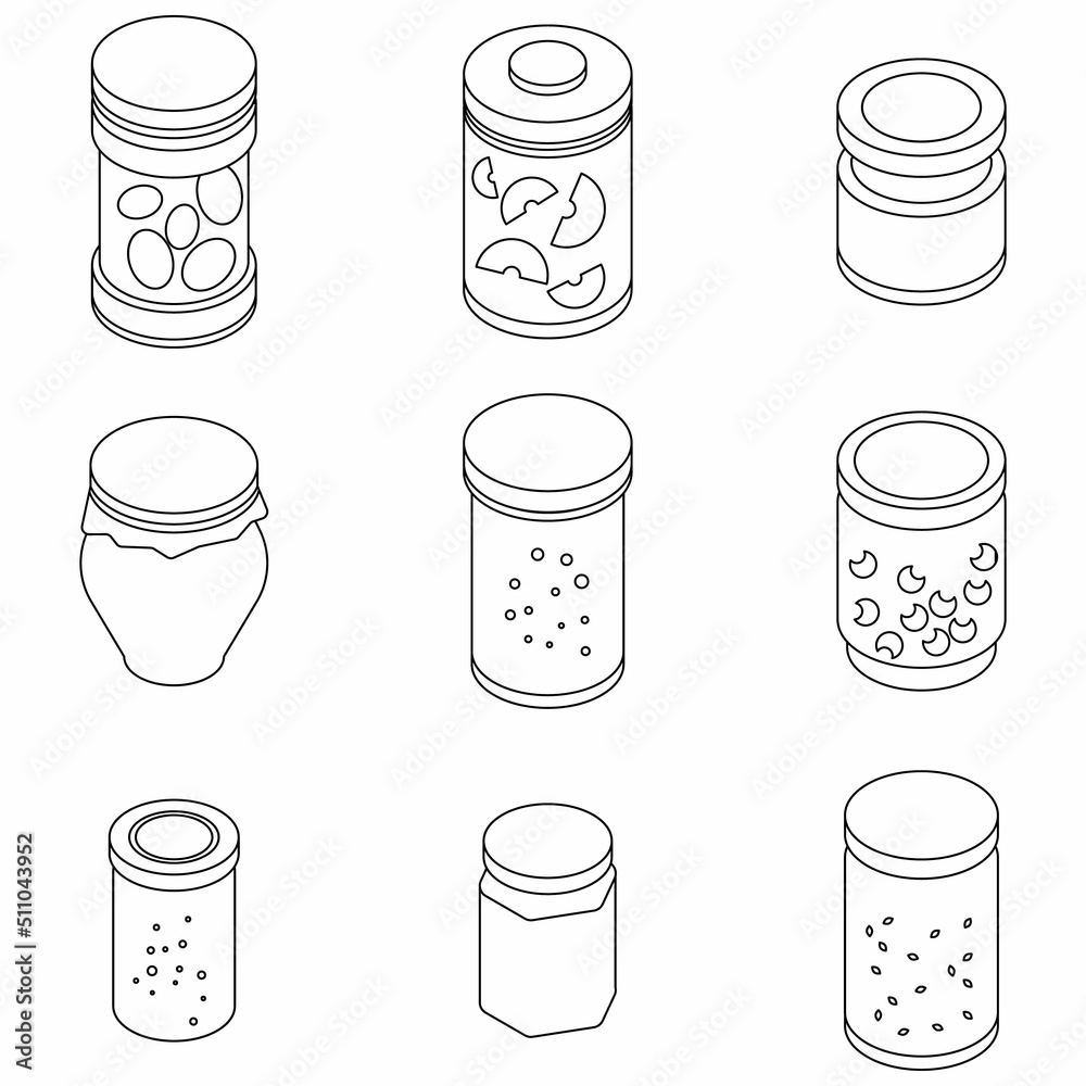 Jam jar icons set. Isometric set of jam jar vector icons outline ...