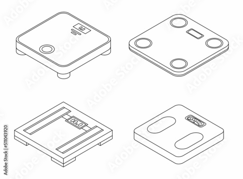 Weigh scales icons set. Isometric set of weigh scales vector icons outline isolated on white background