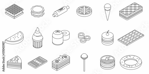 Confectionery icons set. Isometric set of confectionery vector icons outline isolated on white background