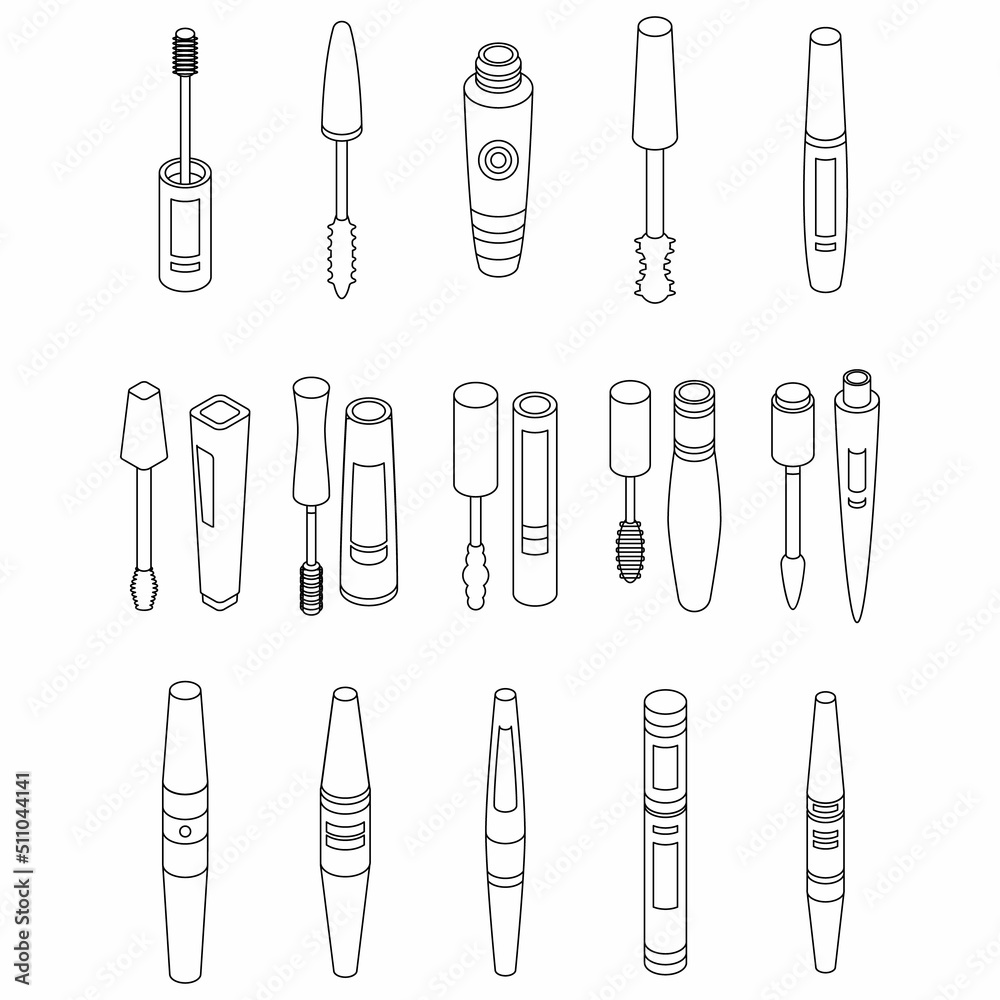 Mascara icons set. Isometric set of mascara vector icons outline isolated on white background Mascara icons set. Isometric set of mascara vector icons outline isolated on white background