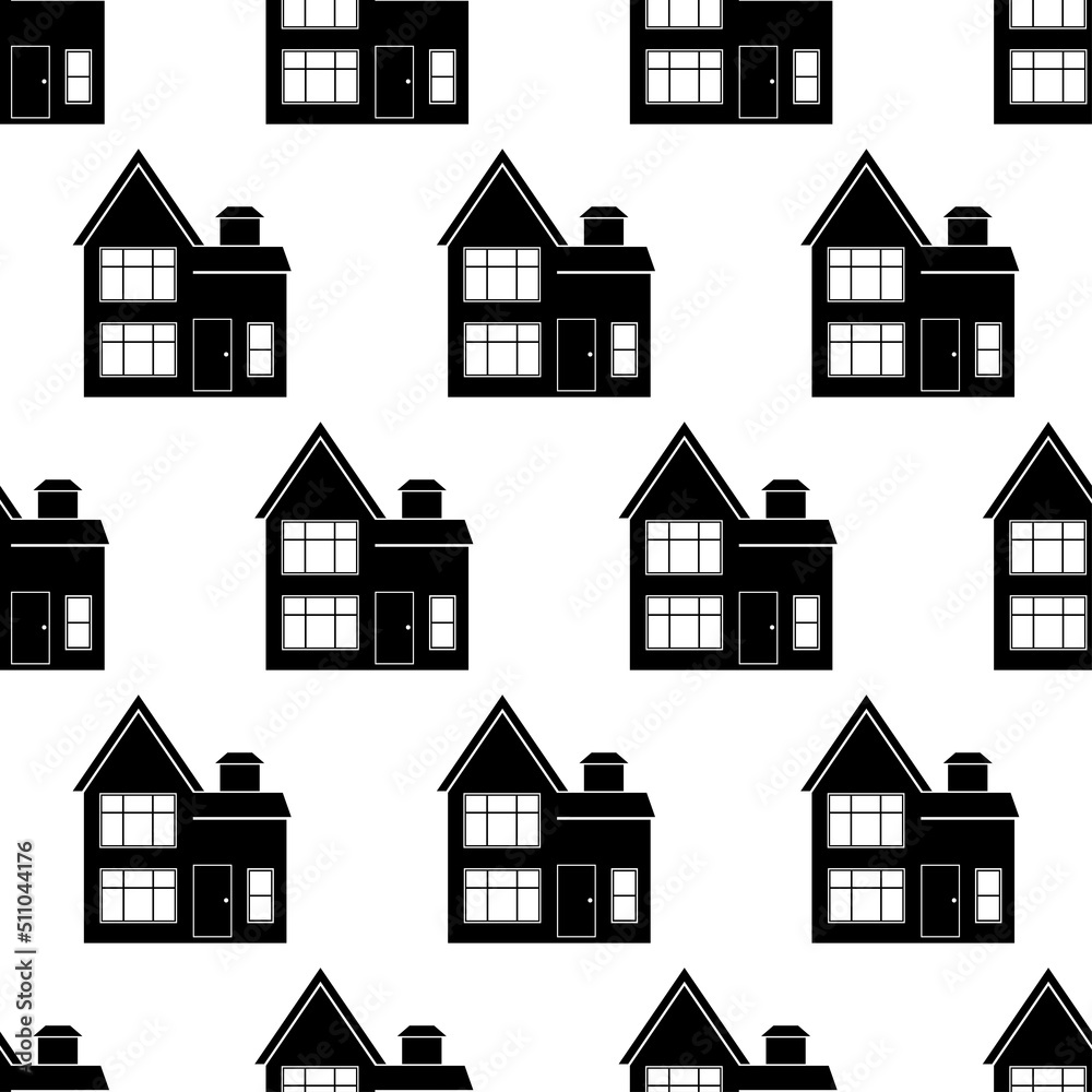 Seamless pattern with house. Black icon house in white background. House pattern. Silhouette building in flat design. Design for website, print on fabric, wallpaper, wrapping paper.Vector illustration