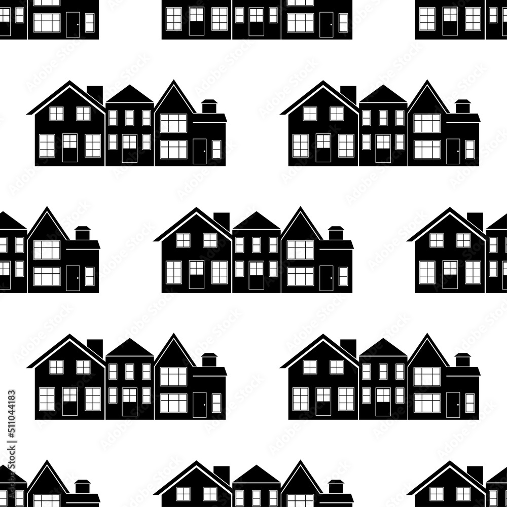 Seamless pattern with house. Black icon house in white background. House pattern. Collection of silhouettes buildings. Flat design for print on fabric, wallpaper, wrapping paper. Vector illustration