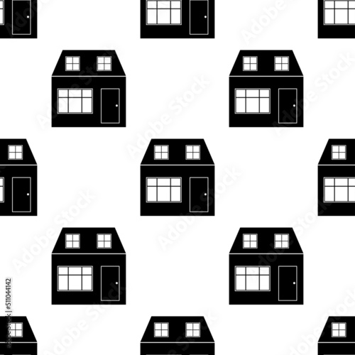 Seamless pattern with house. Black icon house in white background. House pattern. Silhouette building in flat design. Design for website, print on fabric, wallpaper, wrapping paper.Vector illustration © Irina Klymenko