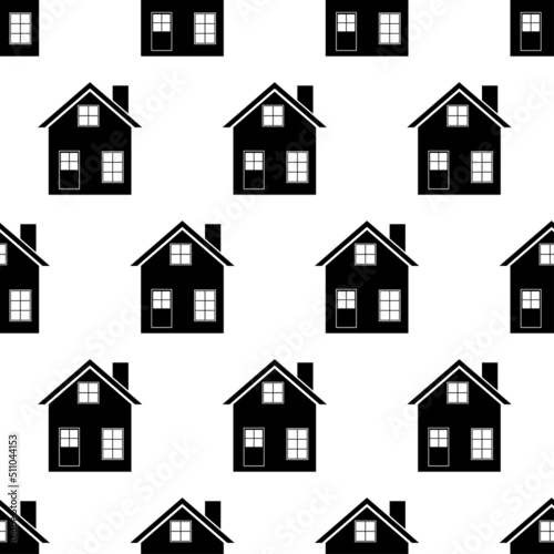 Seamless pattern with house. Black icon house in white background. House pattern. Silhouette building in flat design. Design for website, print on fabric, wallpaper, wrapping paper.Vector illustration © Irina Klymenko