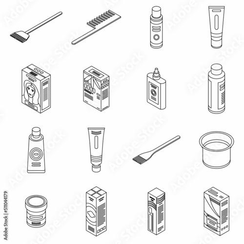 Hair dye icons set. Isometric set of hair dye vector icons outline isolated on white background