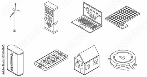 Autonomous house icons set. Isometric set of autonomous house vector icons outline isolated on white background