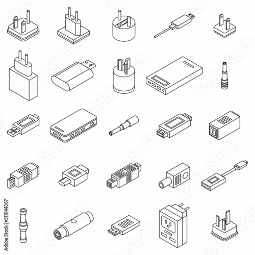 Adapter icons set. Isometric set of adapter vector icons outline isolated on white background