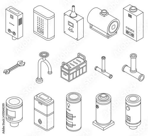 Boiler icons set. Isometric set of boiler vector icons outline isolated on white background
