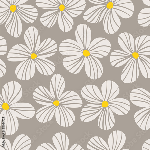 Simple floral background. Minimalist botanical seamless pattern. Stylized nature shapes. Scandinavian design. Fashion vector print with cartoon flowers